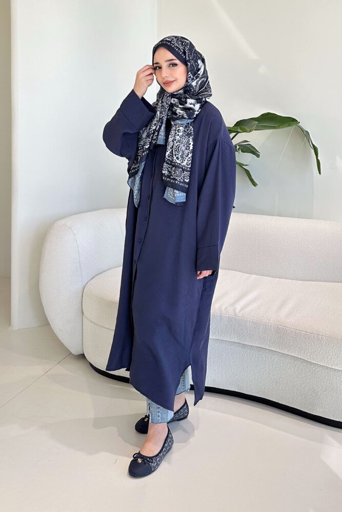 Uzun Tencel Gömlek - Lacivert - 7