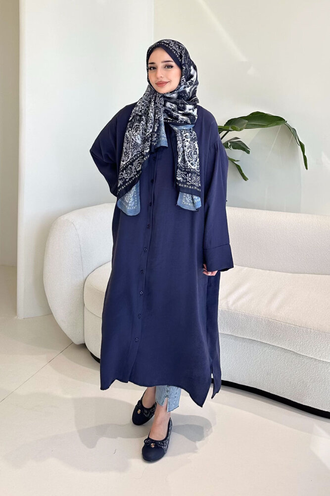 Uzun Tencel Gömlek - Lacivert - ENMA (1)