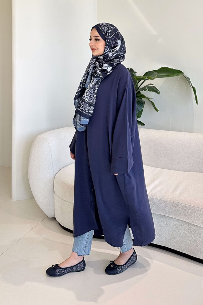 Uzun Tencel Gömlek - Lacivert - 3