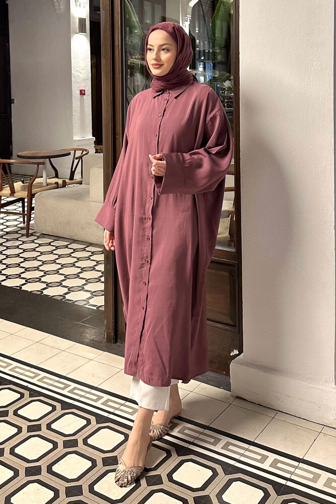 Uzun Tencel Gömlek - Mürdüm - ENMA (1)