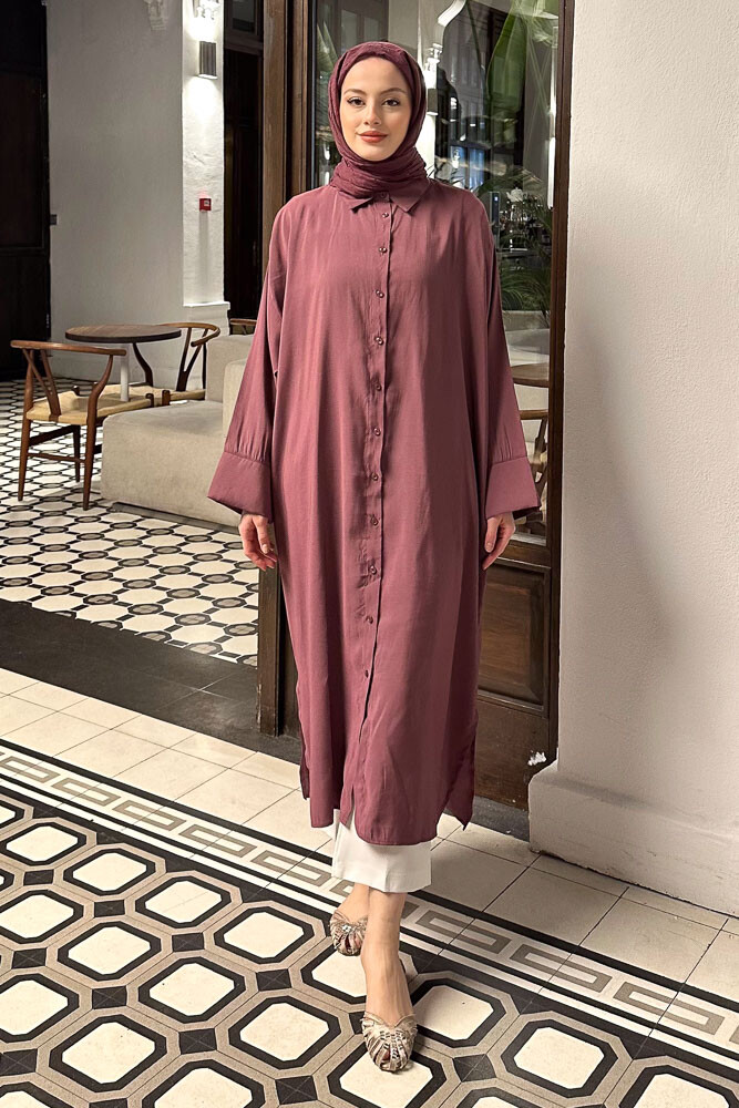 Uzun Tencel Gömlek - Mürdüm - ENMA (3)