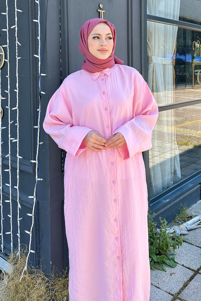 Uzun Tencel Gömlek - Pembe - 7