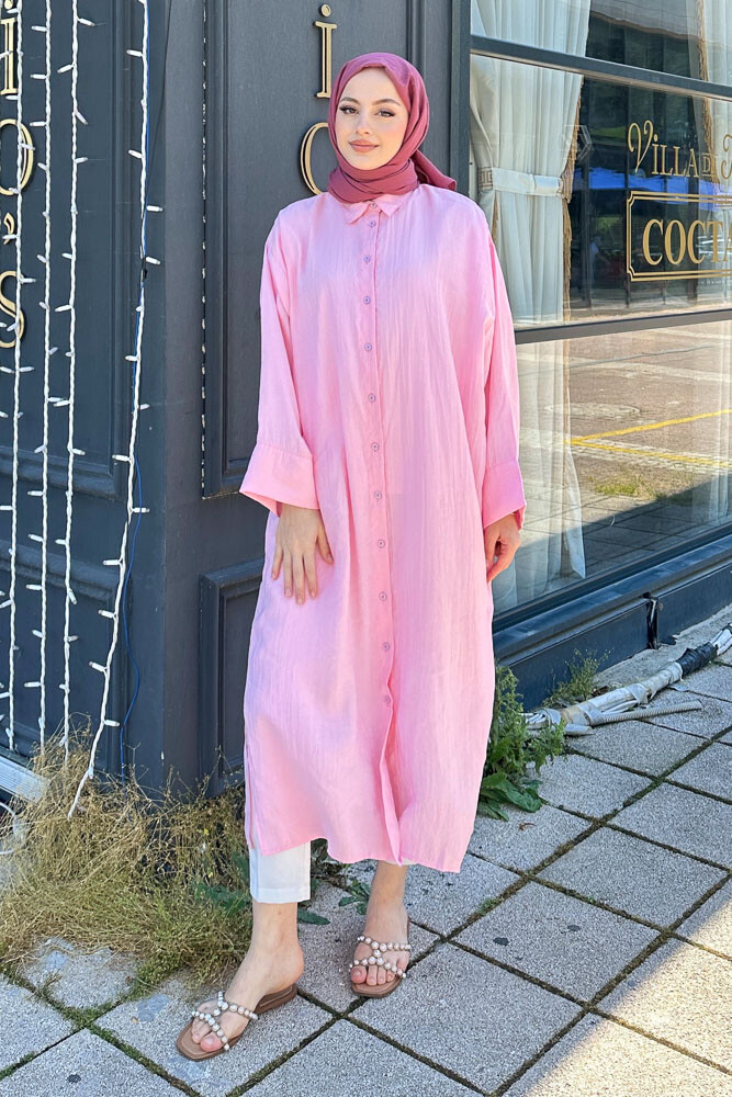 Uzun Tencel Gömlek - Pembe - 3