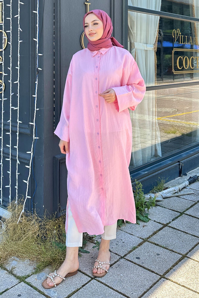 Uzun Tencel Gömlek - Pembe - 4