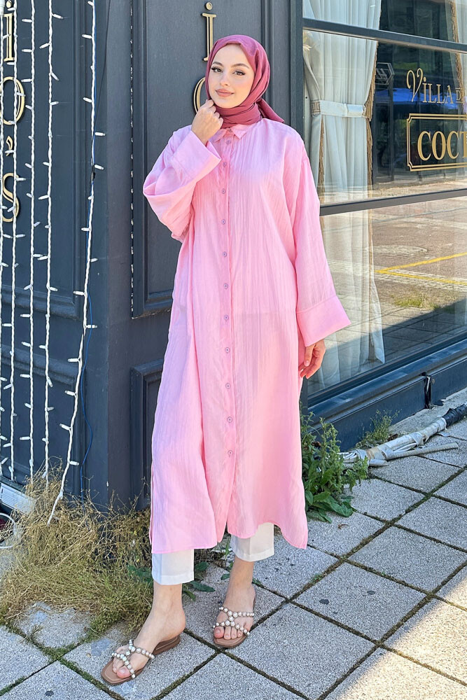 Uzun Tencel Gömlek - Pembe 