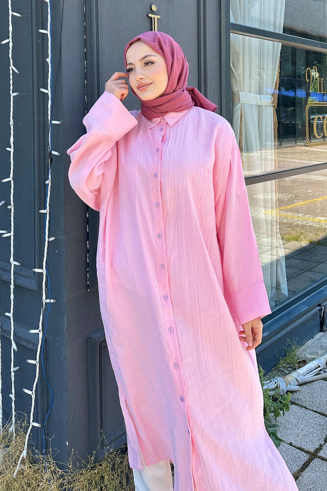 Uzun Tencel Gömlek - Pembe - 5
