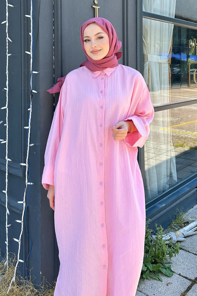 Uzun Tencel Gömlek - Pembe - 2