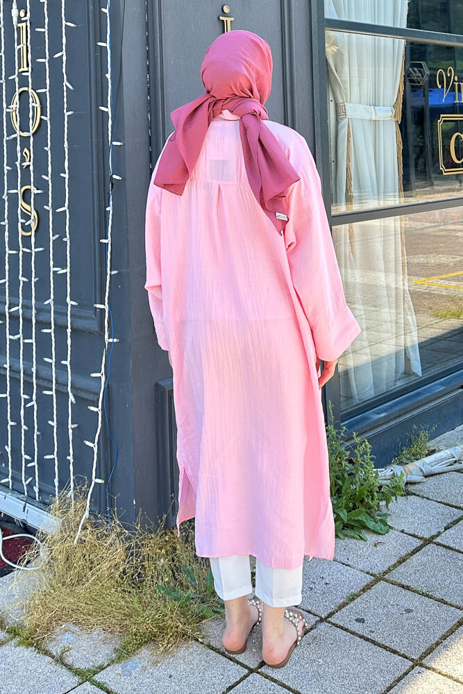 Uzun Tencel Gömlek - Pembe - 8