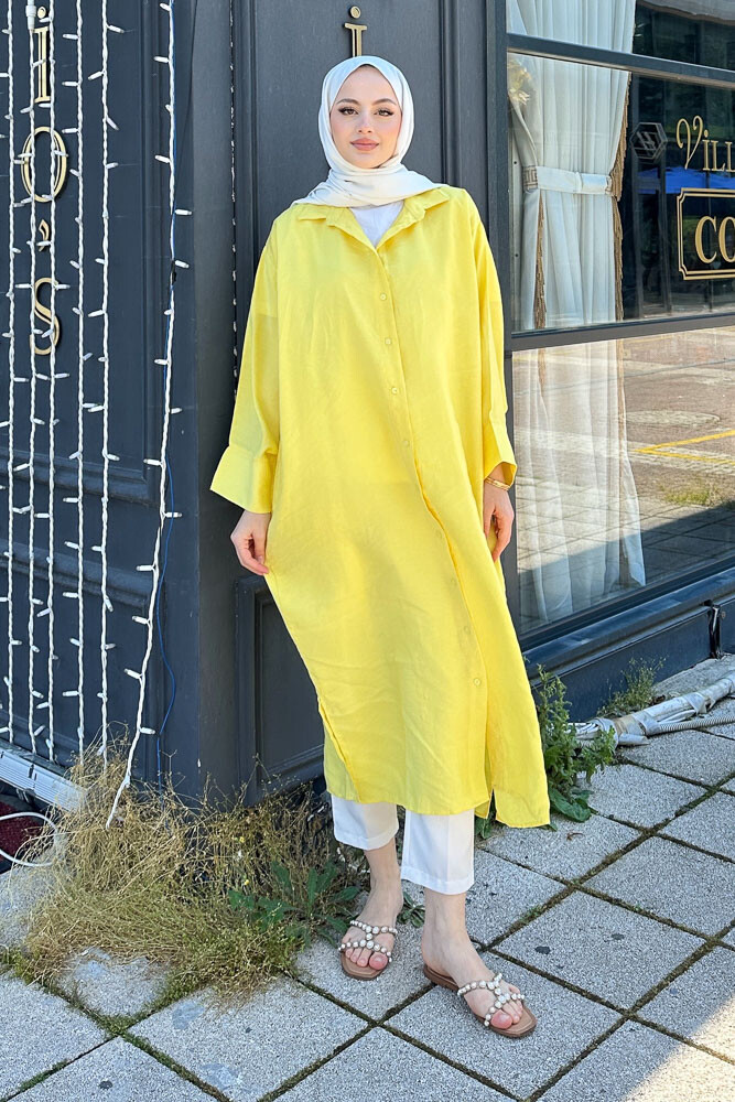 Uzun Tencel Gömlek - Sarı - 2