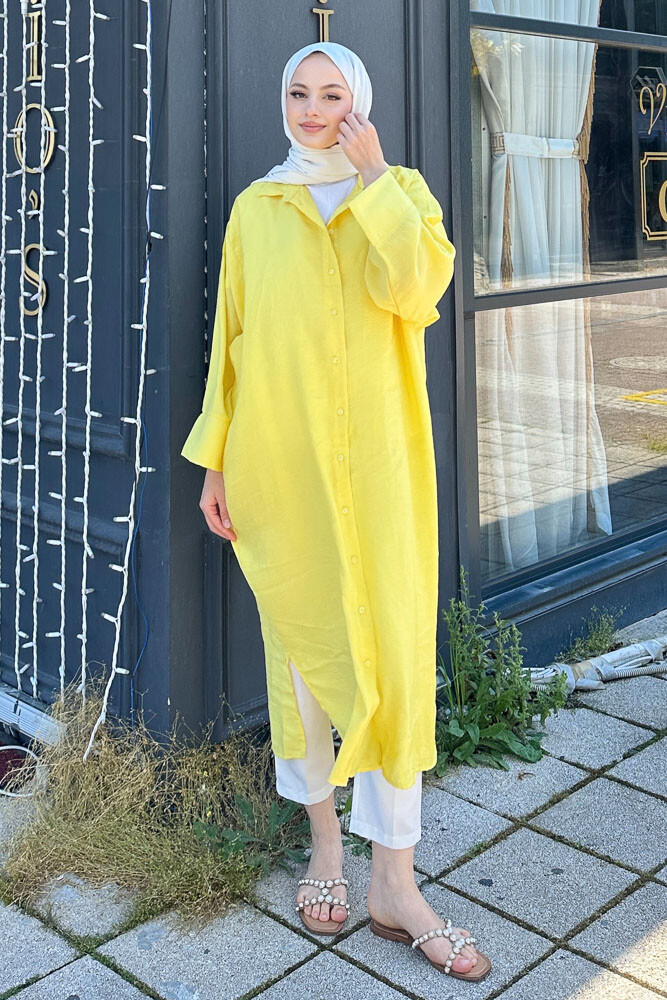 Uzun Tencel Gömlek - Sarı - 6