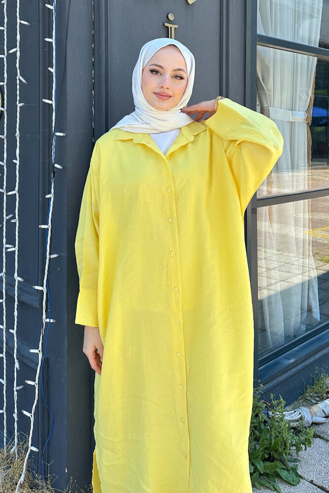 Uzun Tencel Gömlek - Sarı - 7