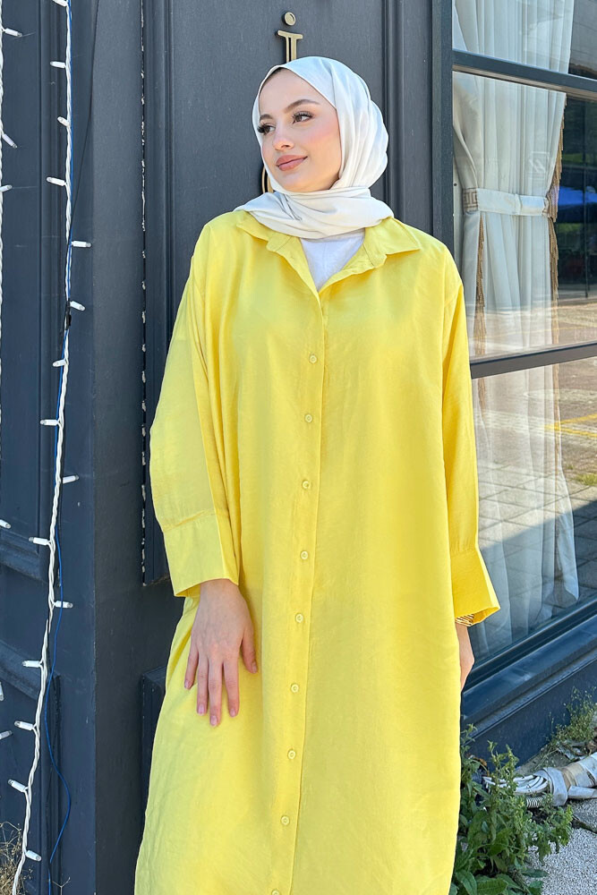 Uzun Tencel Gömlek - Sarı - 3