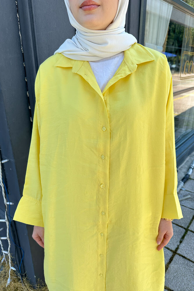 Uzun Tencel Gömlek - Sarı - 5