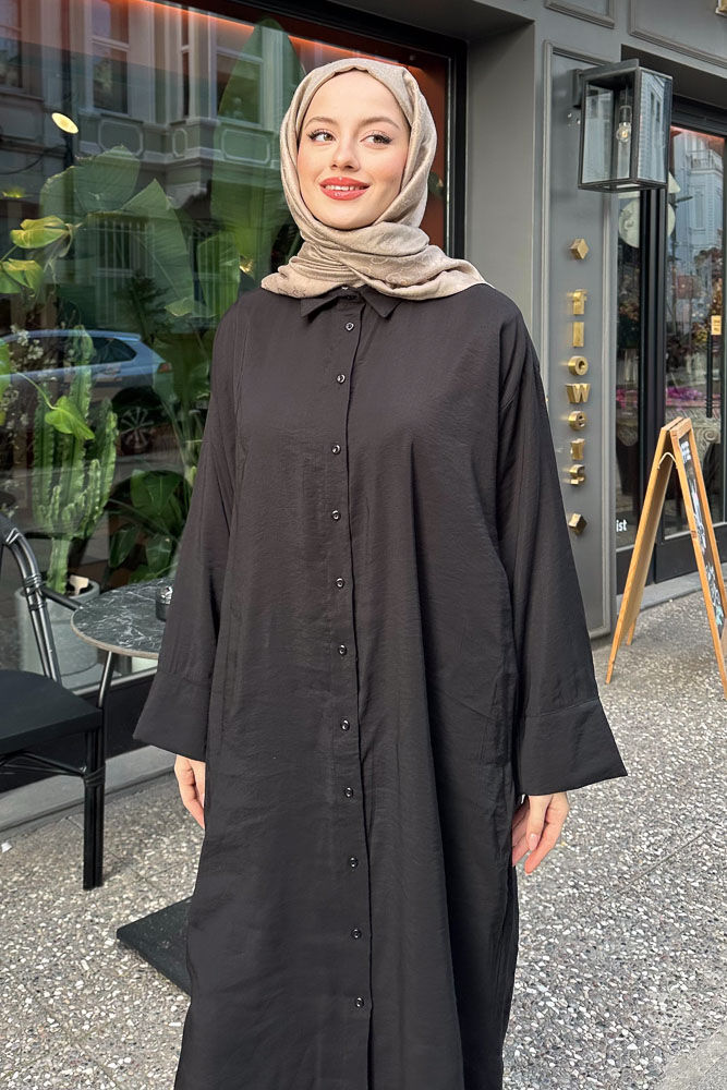 Uzun Tencel Gömlek - Siyah - ENMA (1)