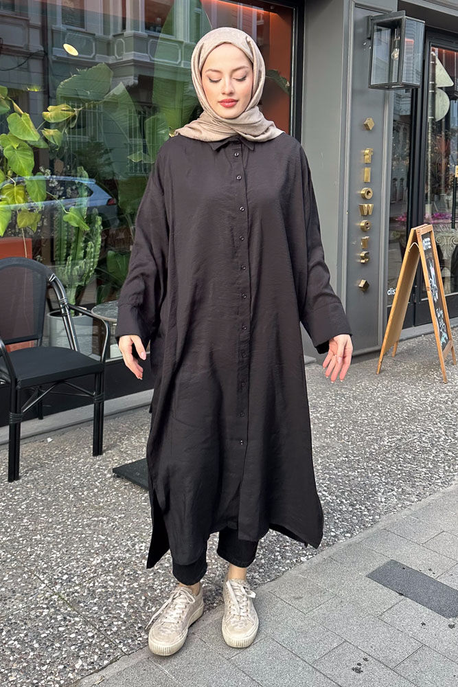 Uzun Tencel Gömlek - Siyah - ENMA (2)