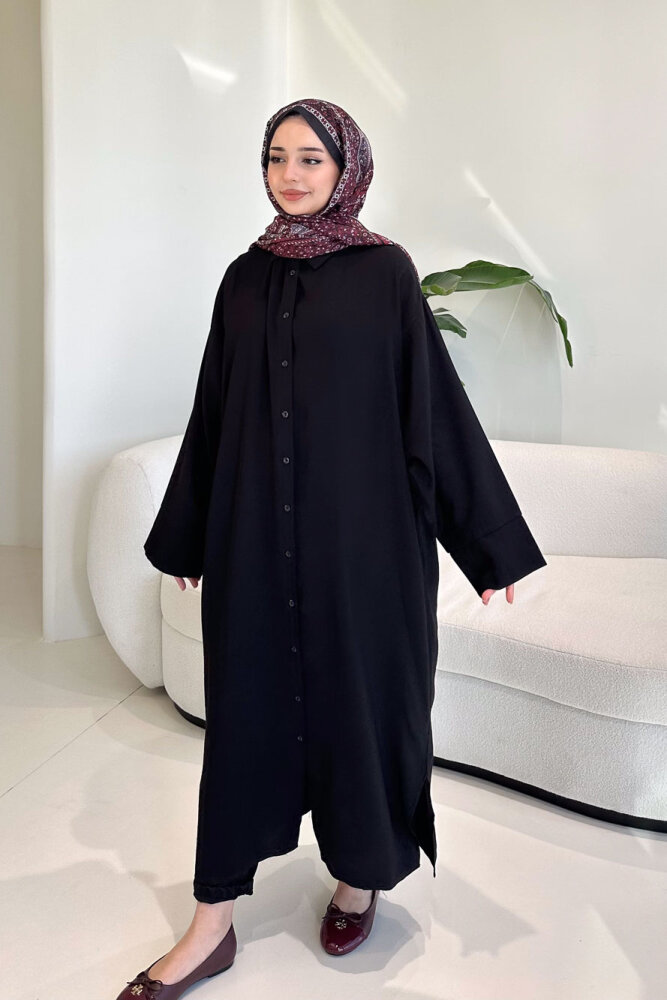 Uzun Tencel Gömlek - Siyah - 1