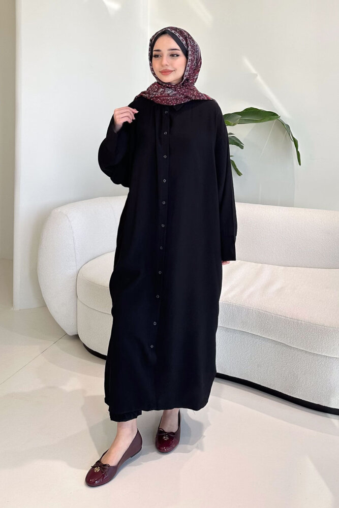 Uzun Tencel Gömlek - Siyah - ENMA (1)