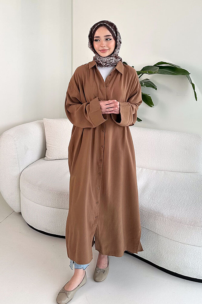 Uzun Tencel Gömlek - Sütlü Kahve - 6