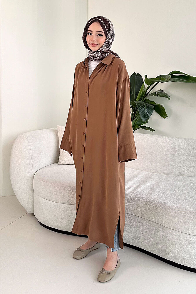 Uzun Tencel Gömlek - Sütlü Kahve - 4