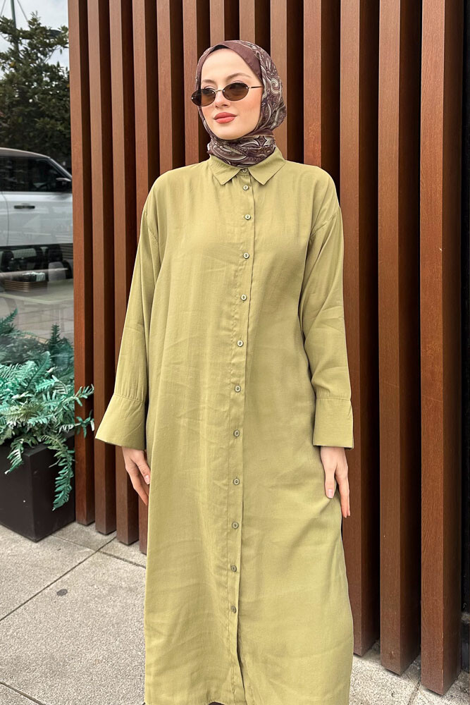 Uzun Tencel Gömlek - Yağ Yeşili - 5