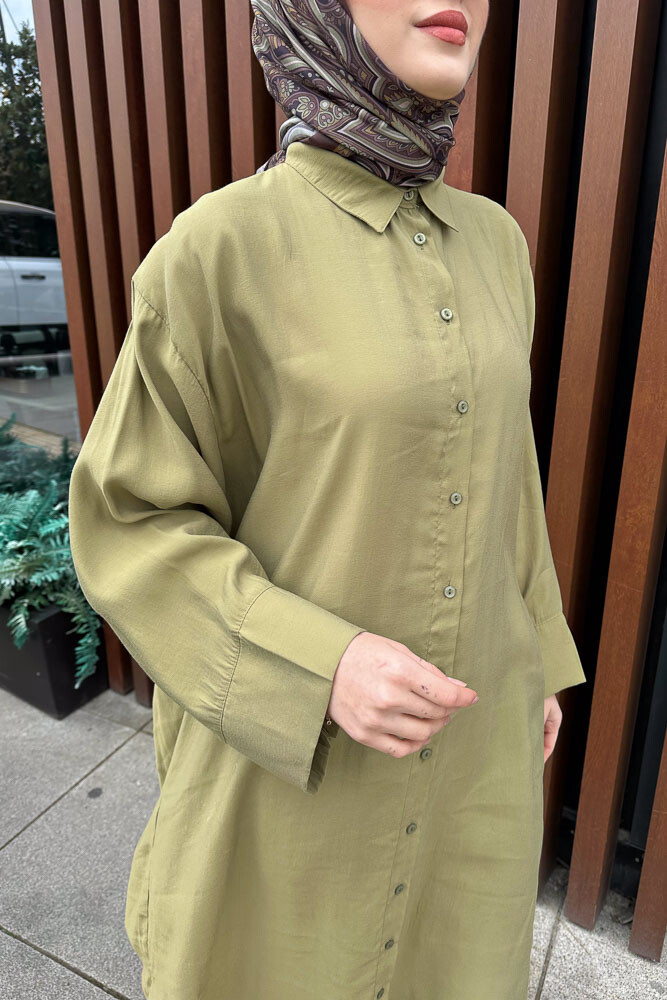 Uzun Tencel Gömlek - Yağ Yeşili - 6