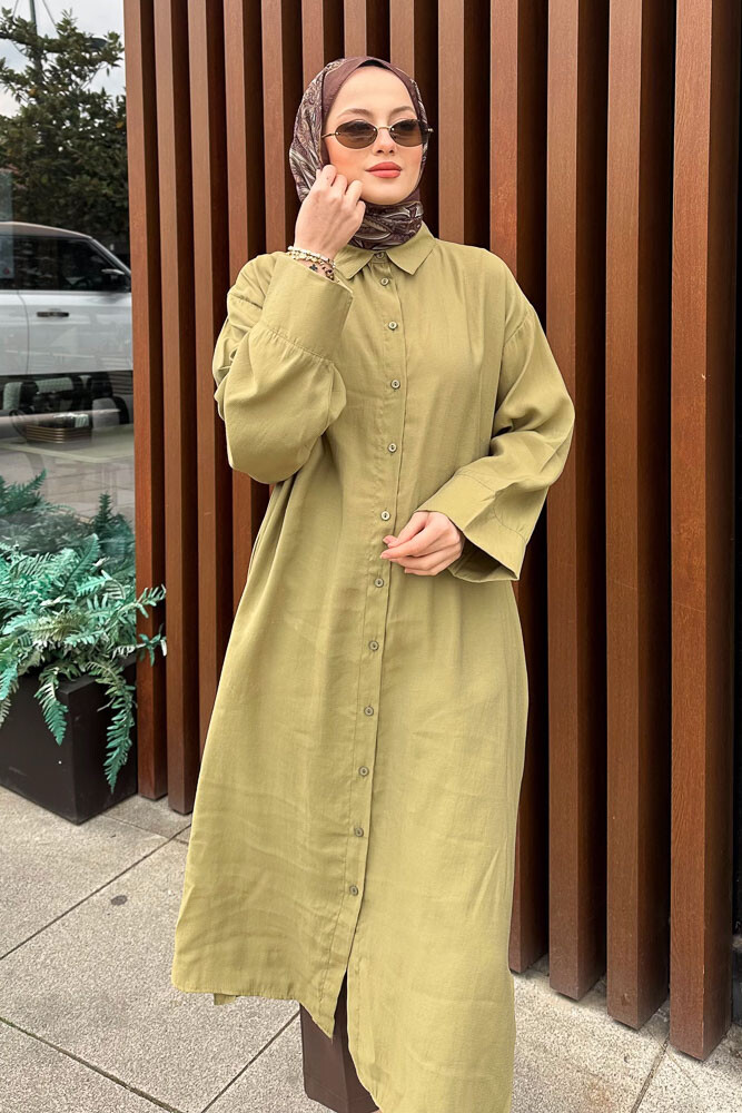 Uzun Tencel Gömlek - Yağ Yeşili - ENMA (1)