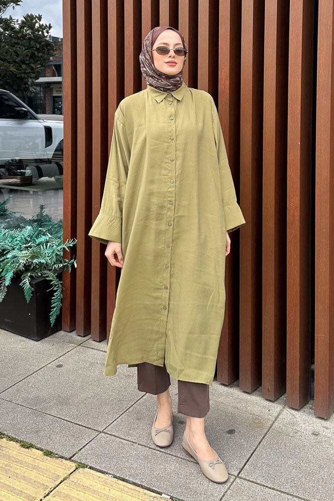 Uzun Tencel Gömlek - Yağ Yeşili - 7