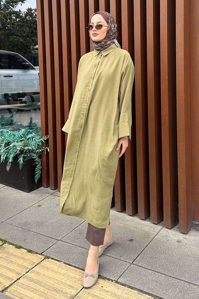 Uzun Tencel Gömlek - Yağ Yeşili - 3