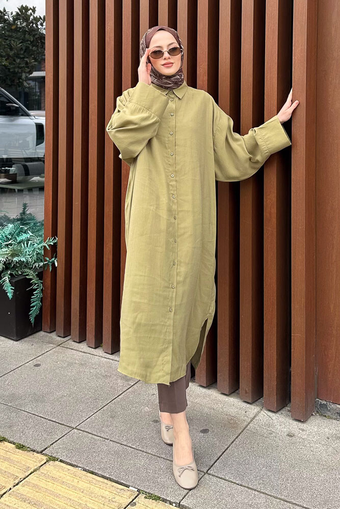 Uzun Tencel Gömlek - Yağ Yeşili - ENMA (3)