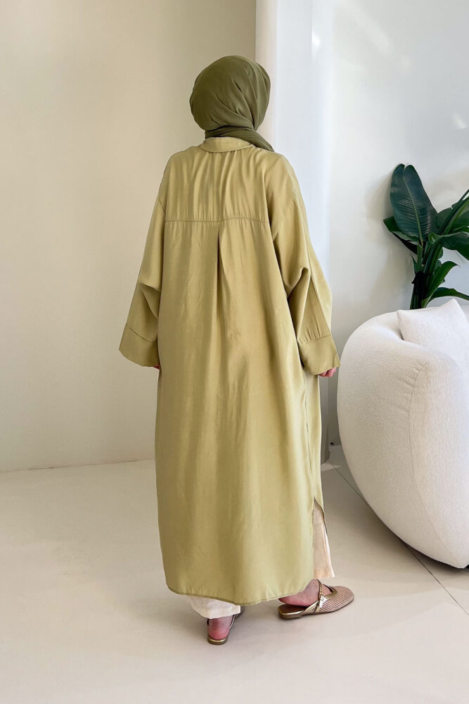 Uzun Tencel Gömlek - Yağ Yeşili - 10