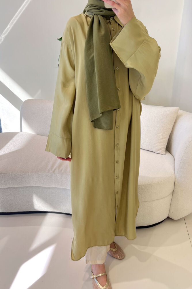 Uzun Tencel Gömlek - Yağ Yeşili - 6