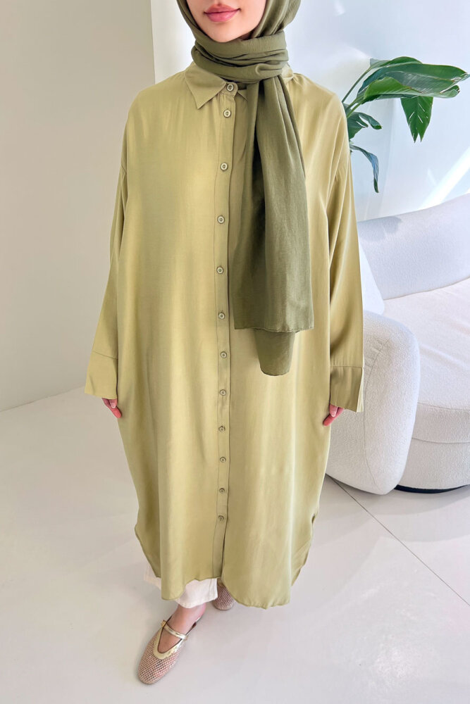 Uzun Tencel Gömlek - Yağ Yeşili - 3