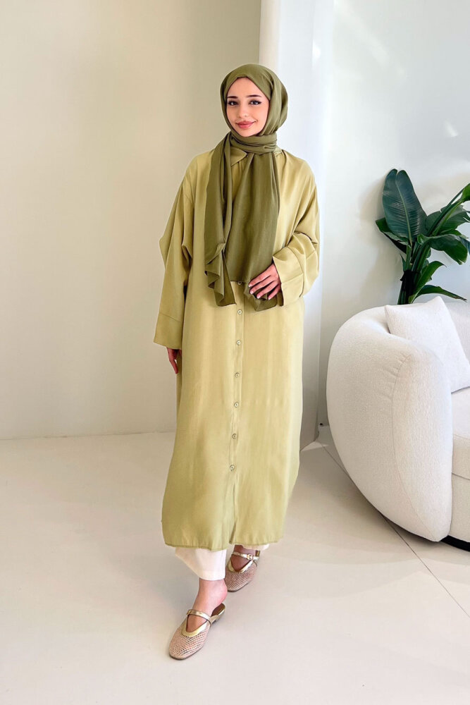 Uzun Tencel Gömlek - Yağ Yeşili - 8