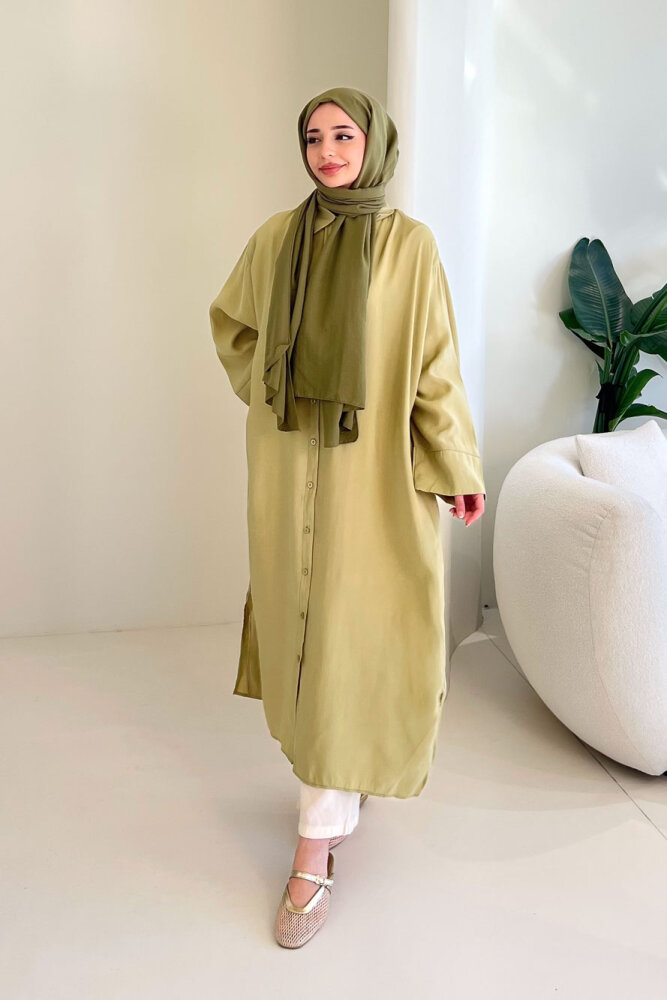 Uzun Tencel Gömlek - Yağ Yeşili - 1