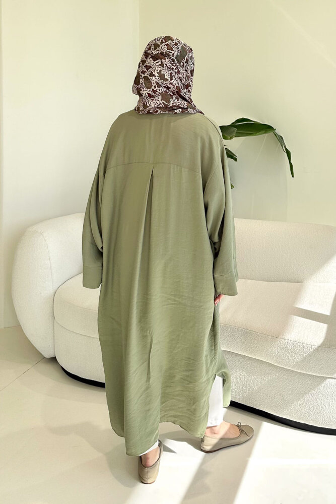 Uzun Tencel Gömlek - Zeytin Yeşili - 8