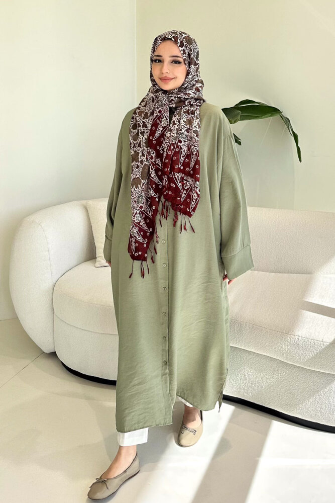 Uzun Tencel Gömlek - Zeytin Yeşili - 5