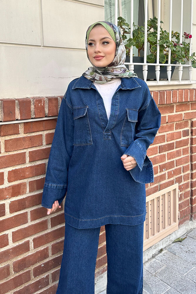 V Yaka Cepli Kot Takım - Koyu Mavi - 5