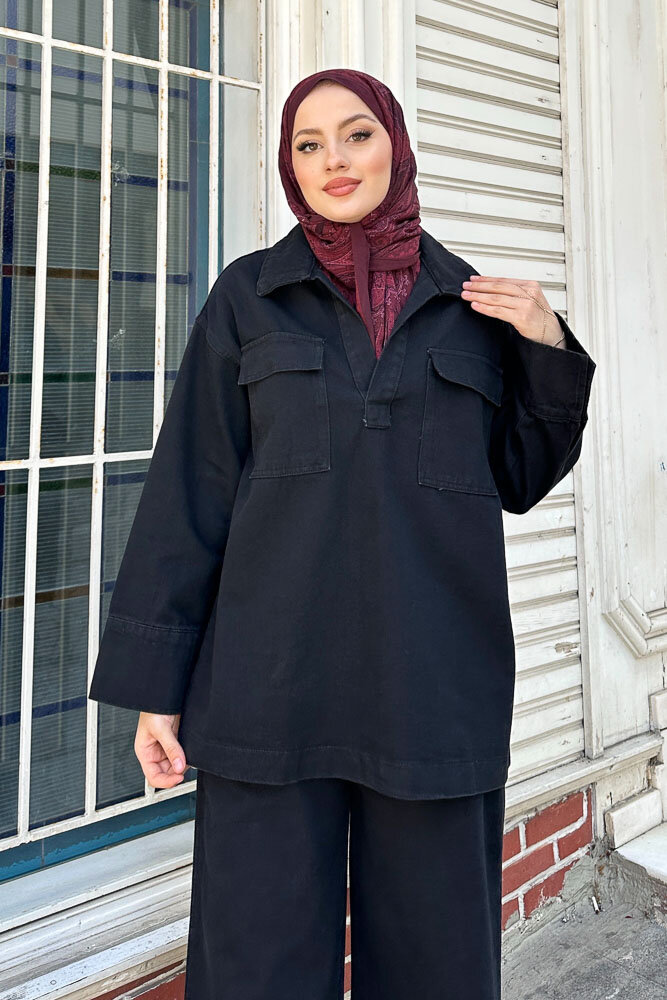 V Yaka Cepli Kot Takım - Siyah - 2