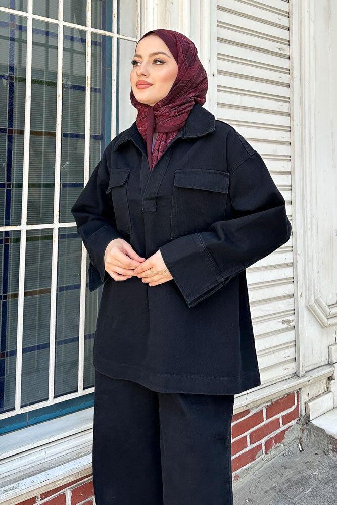 V Yaka Cepli Kot Takım - Siyah - 4