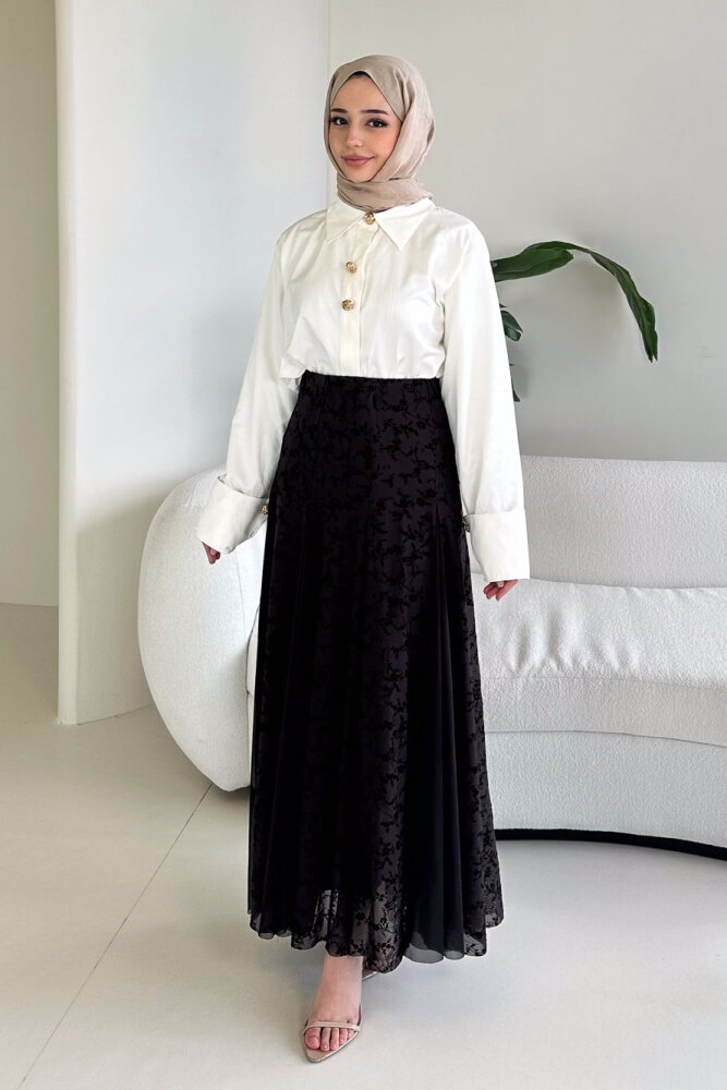 Valen Flok Tül Baskılı Etek - Kahverengi - HEWES (4)