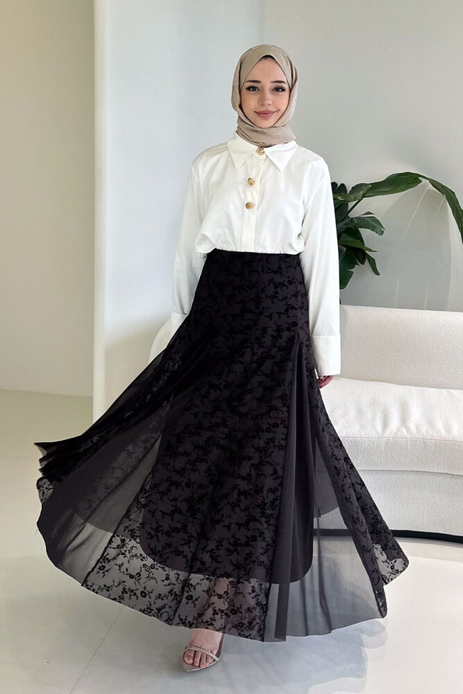 Valen Flok Tül Baskılı Etek - Kahverengi - 2