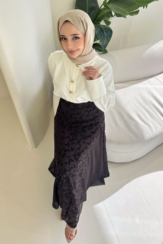 Valen Flok Tül Baskılı Etek - Kahverengi - 3