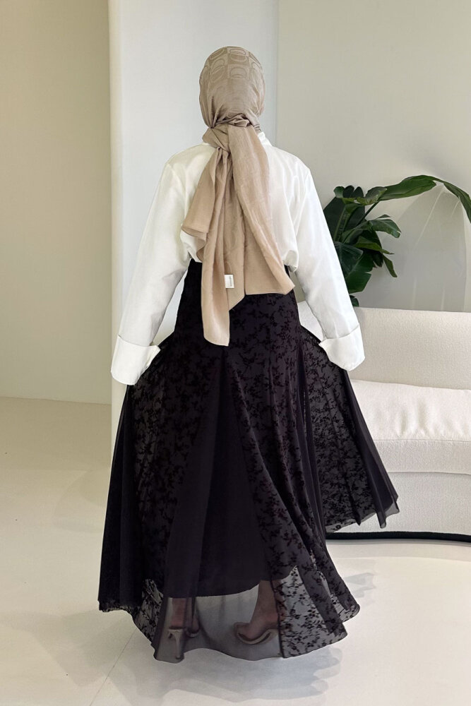 Valen Flok Tül Baskılı Etek - Kahverengi - 7