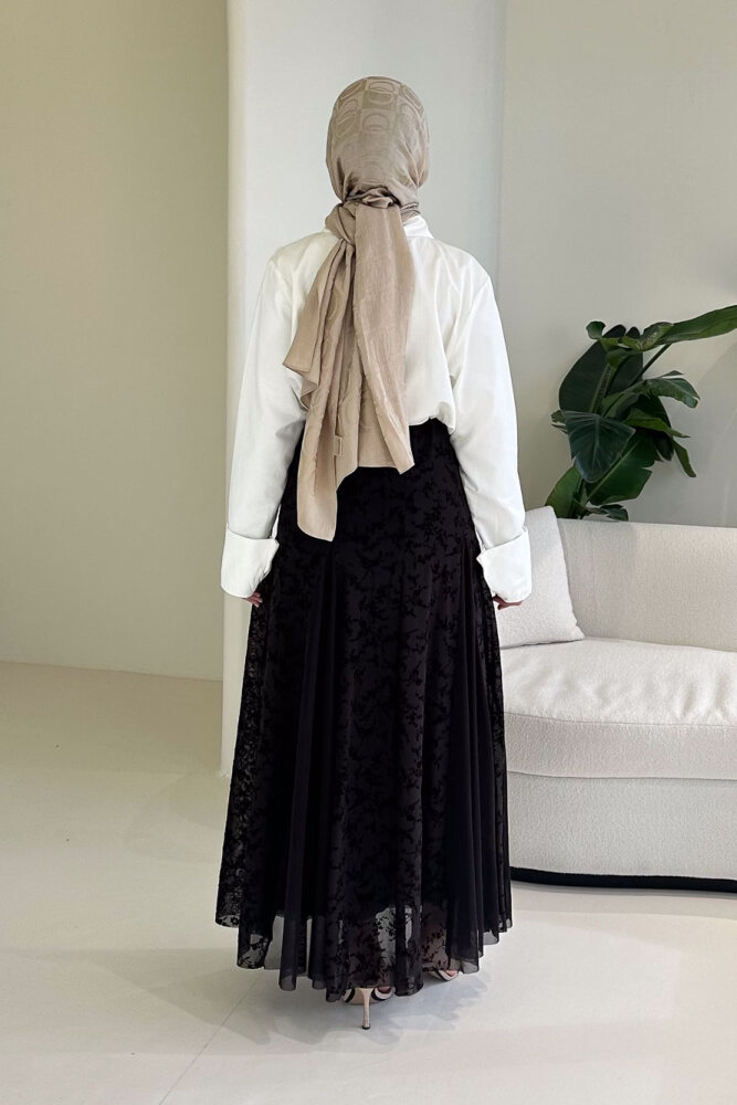 Valen Flok Tül Baskılı Etek - Kahverengi - 8