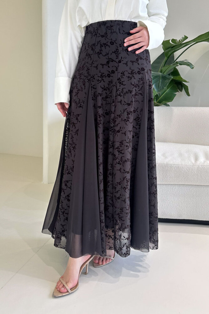 Valen Flok Tül Baskılı Etek - Kahverengi - HEWES (0)