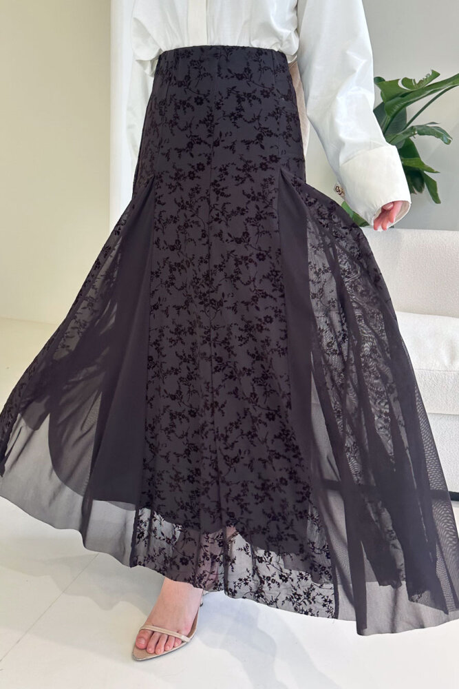 Valen Flok Tül Baskılı Etek - Kahverengi - HEWES (3)