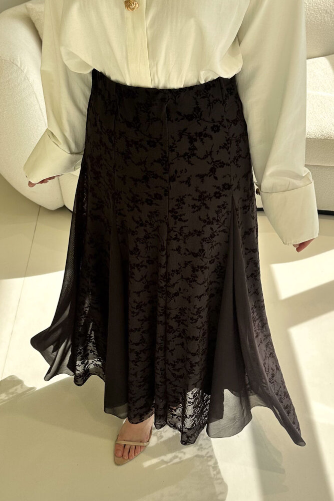 Valen Flok Tül Baskılı Etek - Kahverengi - HEWES (5)