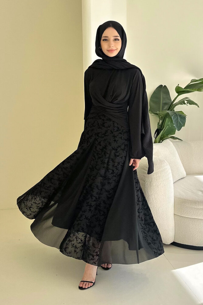 Valen Flok Tül Baskılı Etek - Siyah - 2