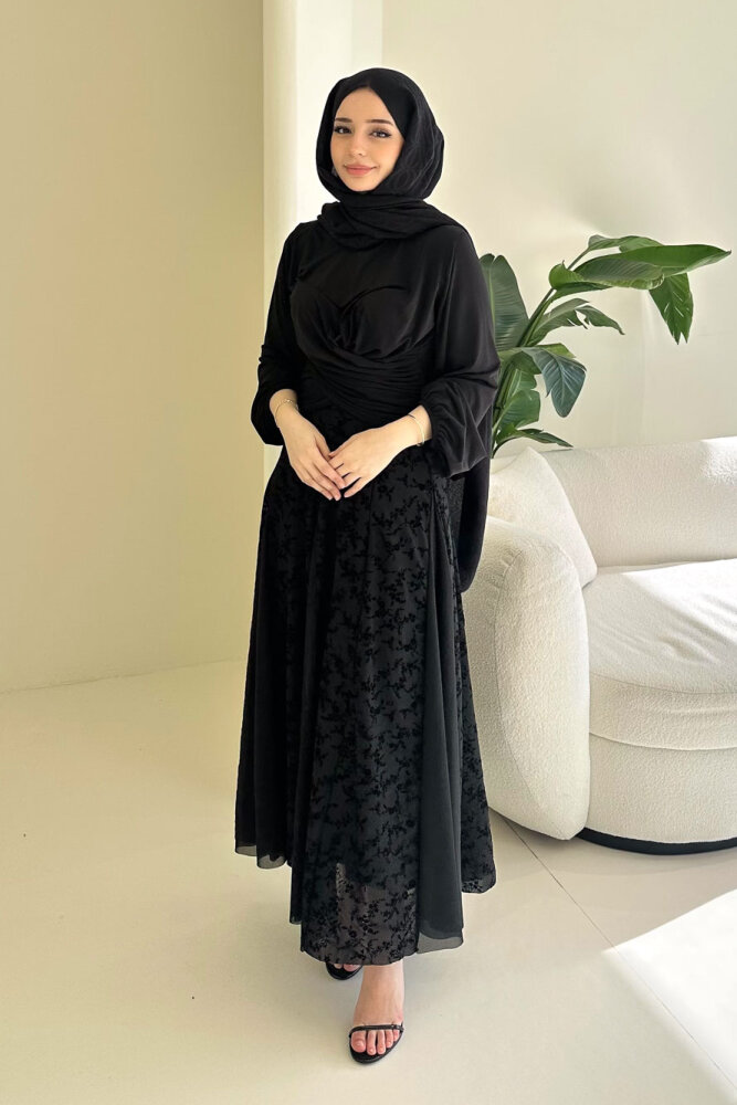 Valen Flok Tül Baskılı Etek - Siyah - 5