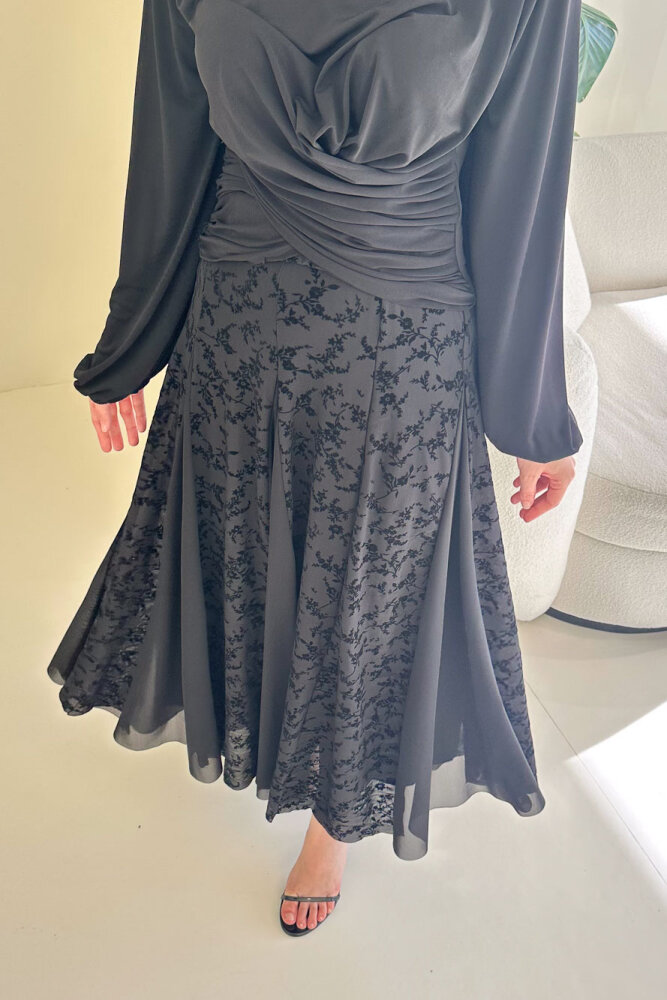 Valen Flok Tül Baskılı Etek - Siyah - HEWES (3)